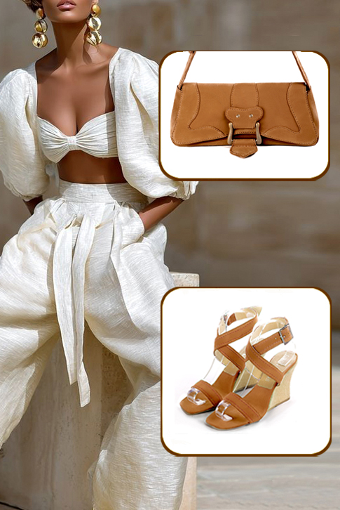 Women's camel beige elegant fully open cross straps sandals. Square toe. High wedge heels - Worn view